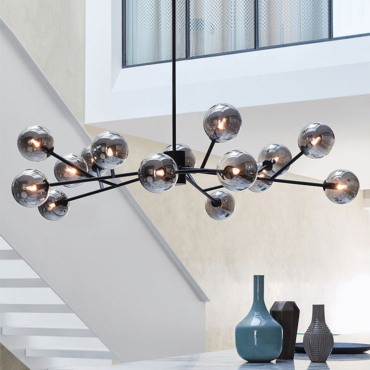 Moderne lineaire sputnik kroonluchter met 15 glazen bollen in zwart of messing – design hanglamp 112 cm