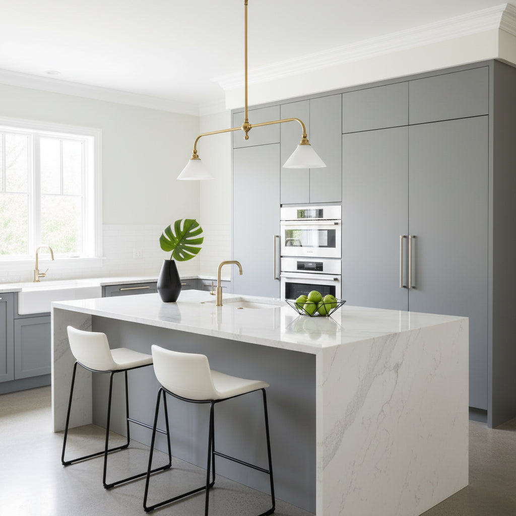 Luxe Design Hanglamp Met Witte Glazen Kappen Voor Eettafel En Keukeneiland In Messing Afwerking