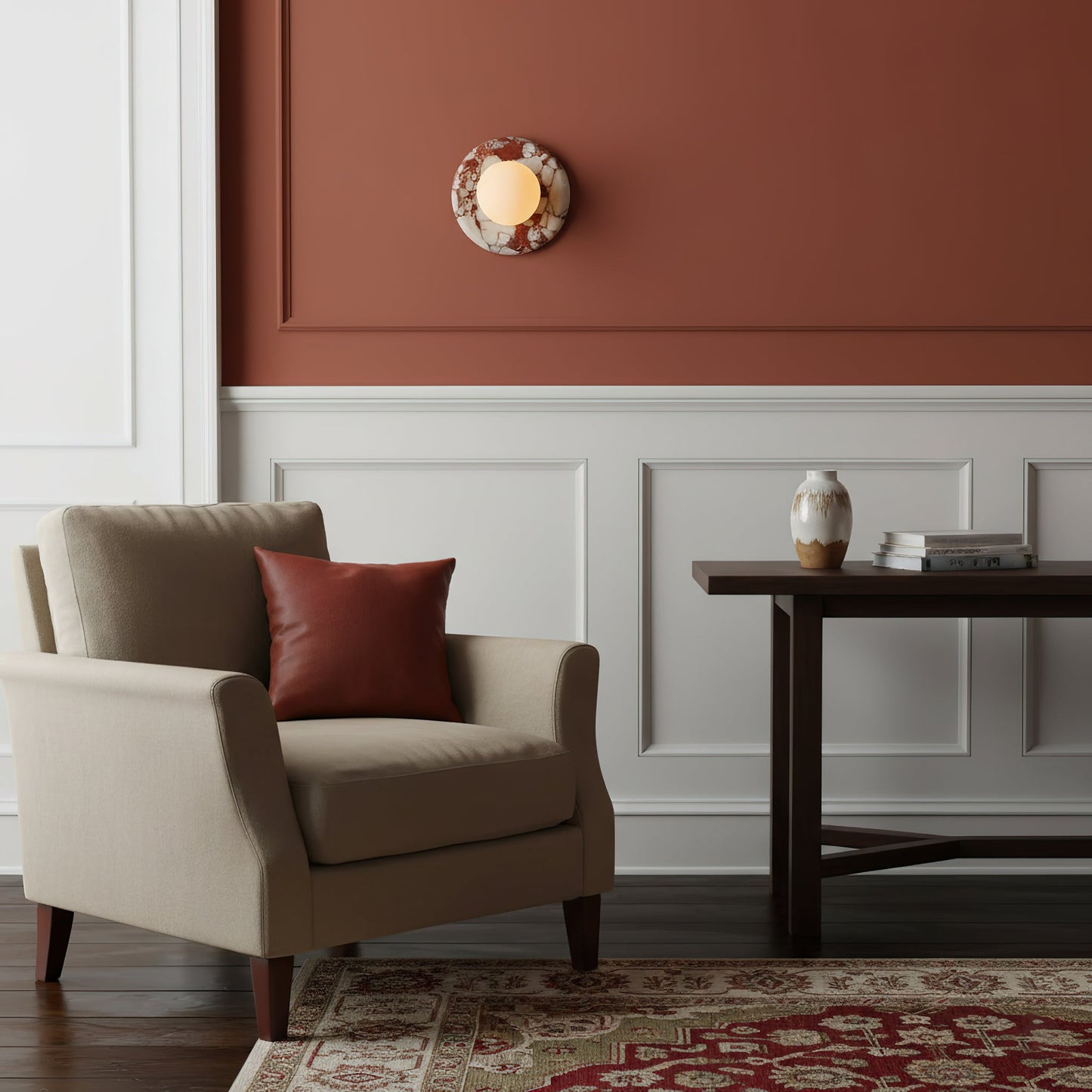 Ronde Design Wandlamp Met Marmeren Achterplaat En Glazen Bol Voor Hal En Slaapkamer
