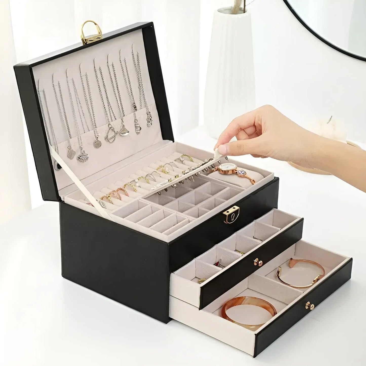 Luxe Sieradenbox met Meerdere Lagen – Elegante Opberger voor Ringen Kettingen Oorbellen – PU Leer – 23x17x13,5 cm