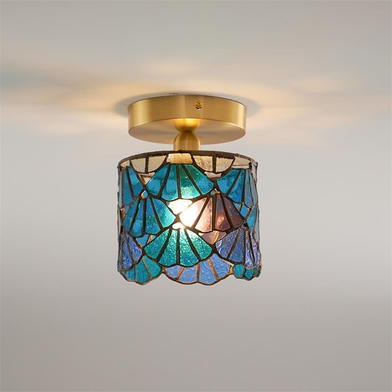 Vezari Tiffany plafondlamp glas mozaïek messing E14 blauw roze badkamer gang plafondverlichting vintage plafondlamp Tiffany stijl