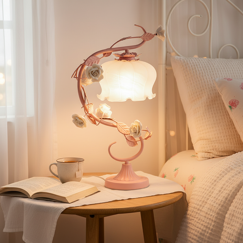 Tafelamp Rozen Metaal Glas Roze Slaapkamer Nachtkastlamp Romantisch Shabby Chic Bloemen Decoratielamp