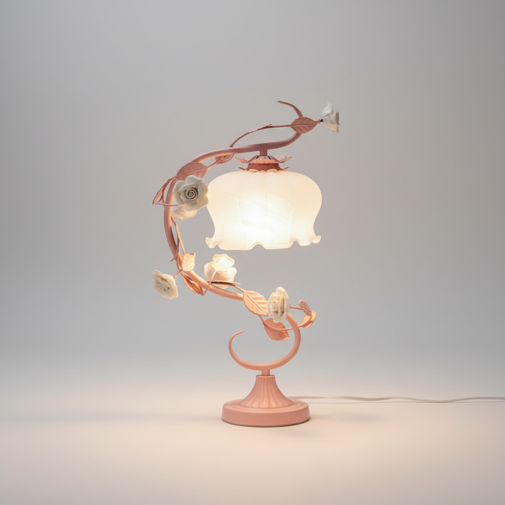 Tafelamp Rozen Metaal Glas Roze Slaapkamer Nachtkastlamp Romantisch Shabby Chic Bloemen Decoratielamp