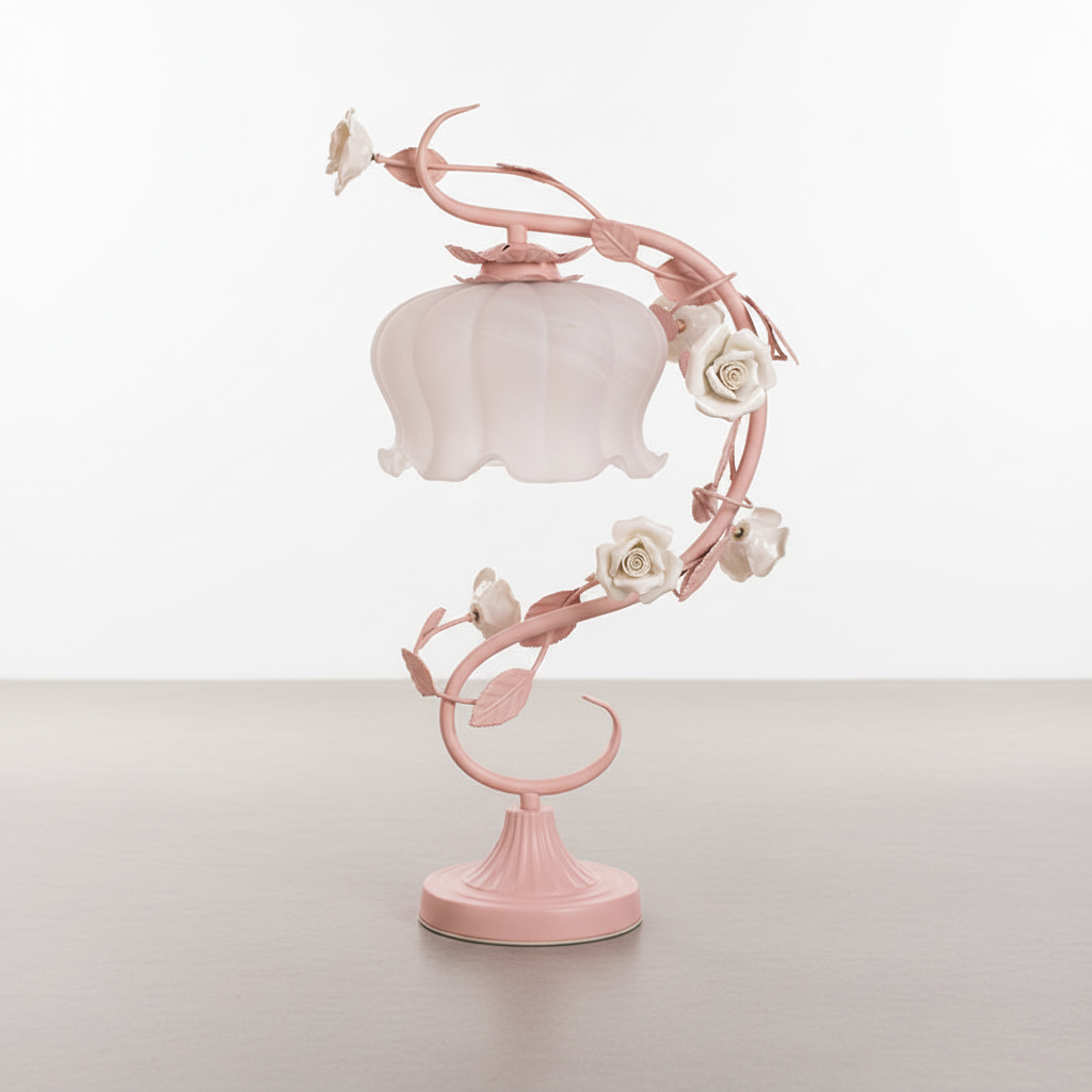 Tafelamp Rozen Metaal Glas Roze Slaapkamer Nachtkastlamp Romantisch Shabby Chic Bloemen Decoratielamp