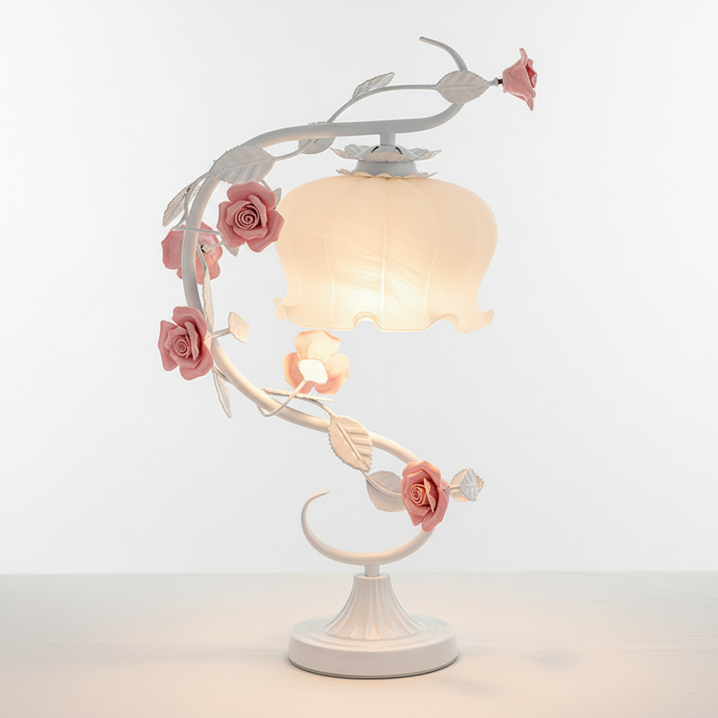 Tafelamp Rozen Metaal Glas Roze Slaapkamer Nachtkastlamp Romantisch Shabby Chic Bloemen Decoratielamp