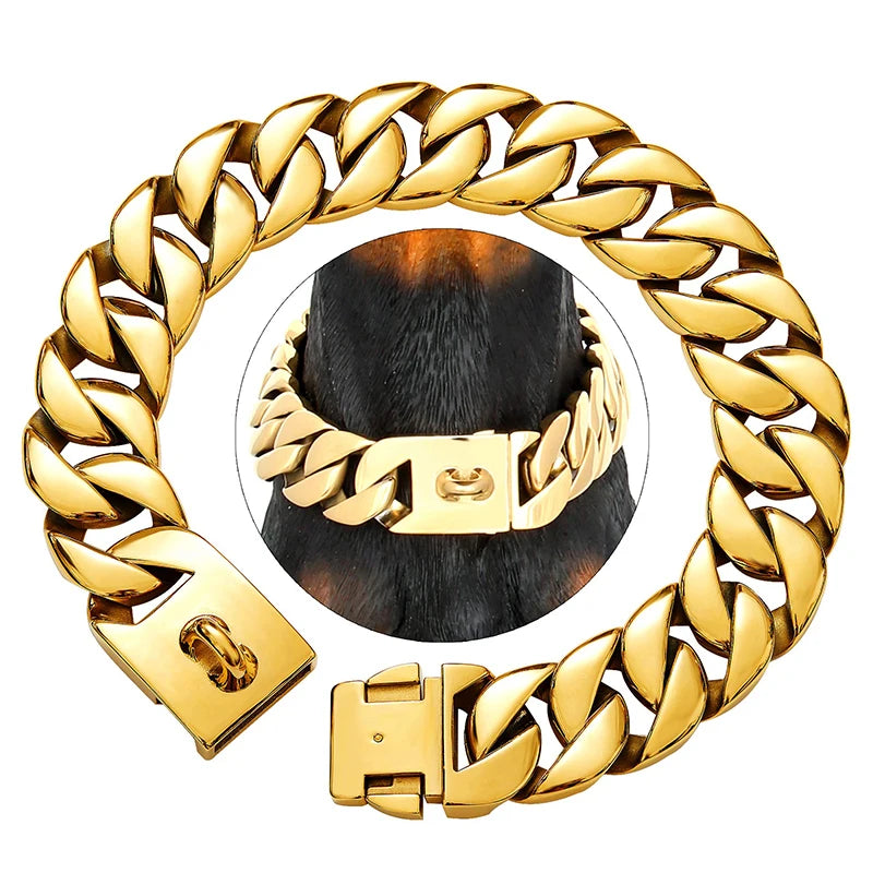 Stevige RVS Hondenhalsband 32mm Breed Metalen Ketting Schakelband voor Grote Honden Pitbull Buldog Herder Luxe Bevestiging Goud Zilver Zwart Roségold Meerkleurig 25-75cm