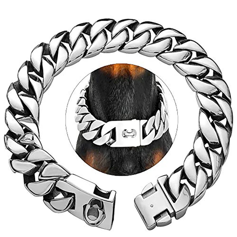 Stevige RVS Hondenhalsband 32mm Breed Metalen Ketting Schakelband voor Grote Honden Pitbull Buldog Herder Luxe Bevestiging Goud Zilver Zwart Roségold Meerkleurig 25-75cm