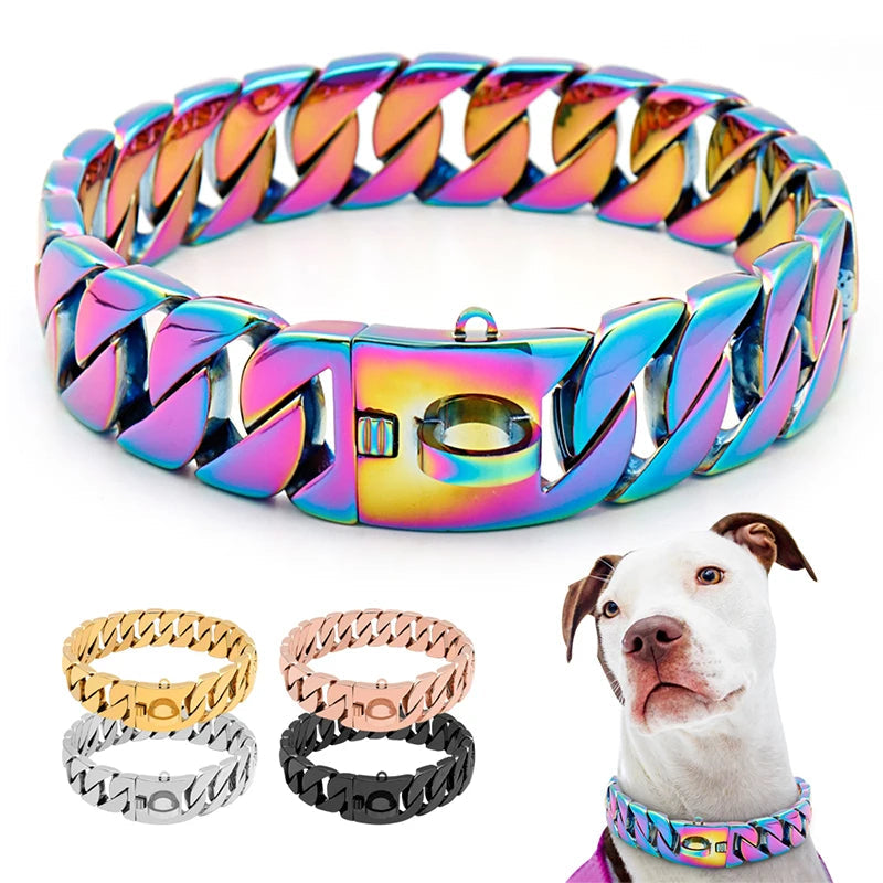 Stevige RVS Hondenhalsband 32mm Breed Metalen Ketting Schakelband voor Grote Honden Pitbull Buldog Herder Luxe Bevestiging Goud Zilver Zwart Roségold Meerkleurig 25-75cm