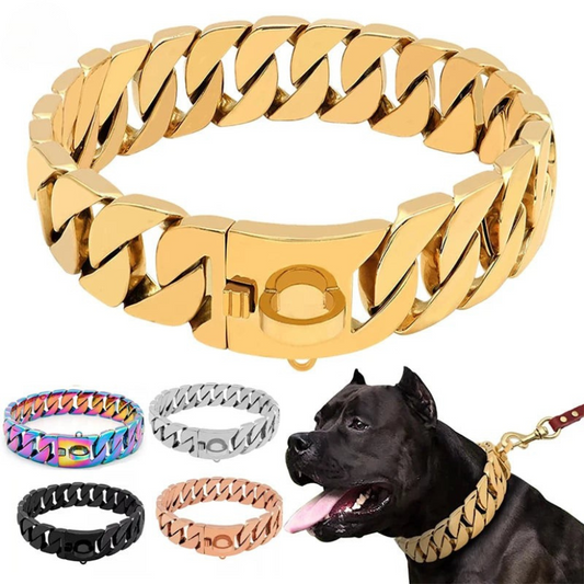 Stevige RVS Hondenhalsband 32mm Breed Metalen Ketting Schakelband voor Grote Honden Pitbull Buldog Herder Luxe Bevestiging Goud Zilver Zwart Roségold Meerkleurig 25-75cm