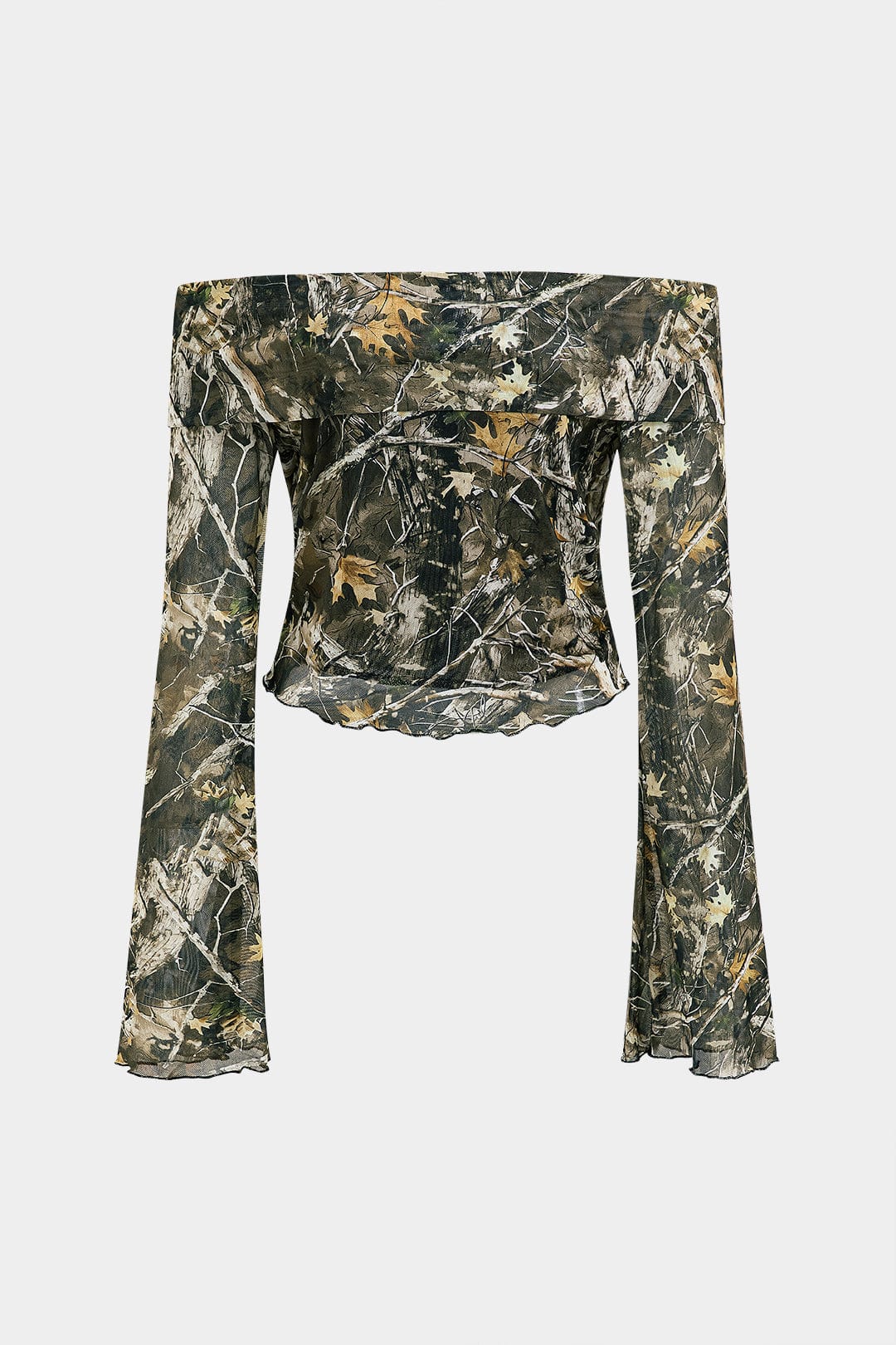 Vrouwelijke Top Off-Shoulder Camouflage-Print Wijd Mouwen - StudioMarella