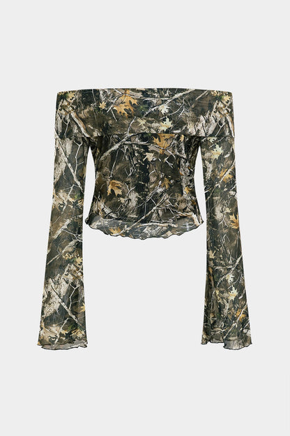 Vrouwelijke Top Off-Shoulder Camouflage-Print Wijd Mouwen - StudioMarella