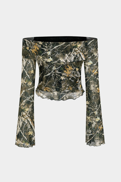 Vrouwelijke Top Off-Shoulder Camouflage-Print Wijd Mouwen