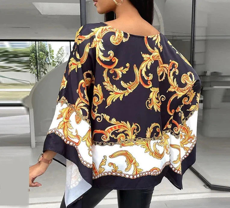 Vrouwelijke Ronde Hals Top met Batwing Mouw Gedrukt