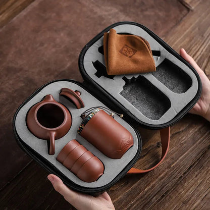 Reistheeservies Keramiek Handgemaakt met Reiskoffer Theepot 4 Kopjes Bewaarfles
