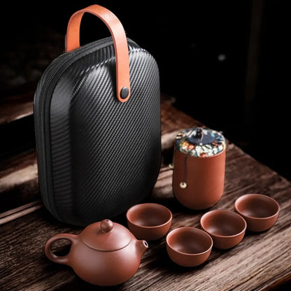 Reistheeservies Keramiek Handgemaakt met Reiskoffer Theepot 4 Kopjes Bewaarfles