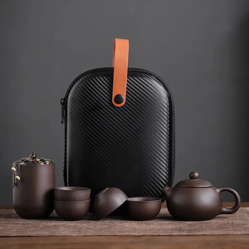 Reistheeservies Keramiek Handgemaakt met Reiskoffer Theepot 4 Kopjes Bewaarfles