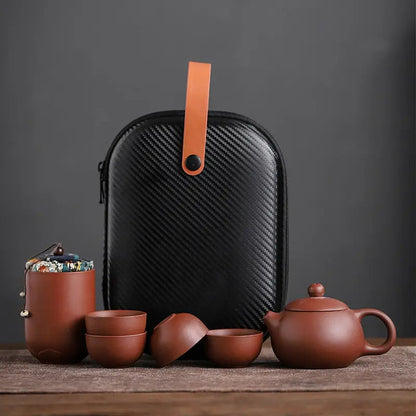 Reistheeservies Keramiek Handgemaakt met Reiskoffer Theepot 4 Kopjes Bewaarfles