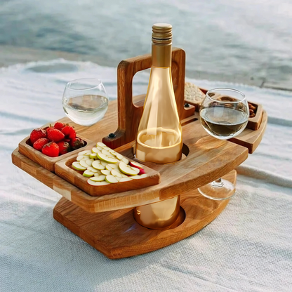 Draagbaar Houten Wijnplateau met Fleshouders en Glazenhouder voor Picknick Tuin Strand Park