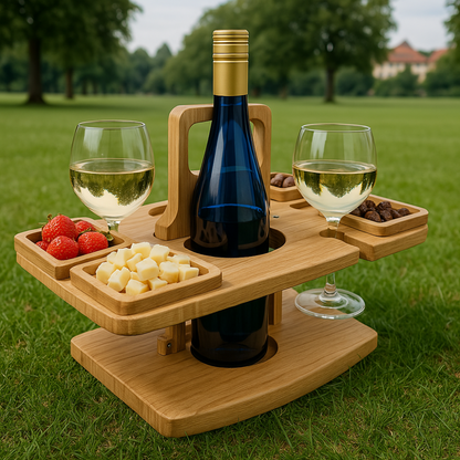 Draagbaar Houten Wijnplateau met Fleshouders en Glazenhouder voor Picknick Tuin Strand Park