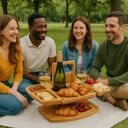 Draagbaar Houten Wijnplateau met Fleshouders en Glazenhouder voor Picknick Tuin Strand Park