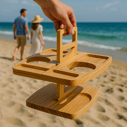 Draagbaar Houten Wijnplateau met Fleshouders en Glazenhouder voor Picknick Tuin Strand Park