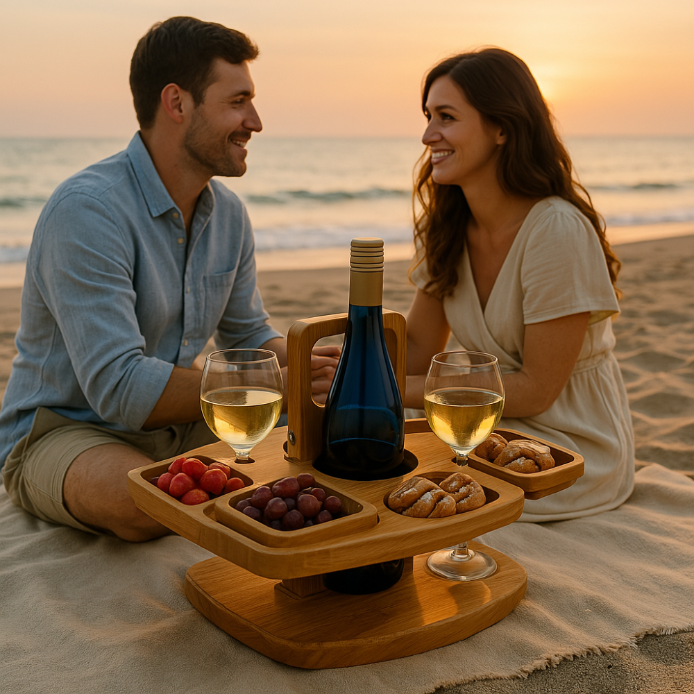 Draagbaar Houten Wijnplateau met Fleshouders en Glazenhouder voor Picknick Tuin Strand Park