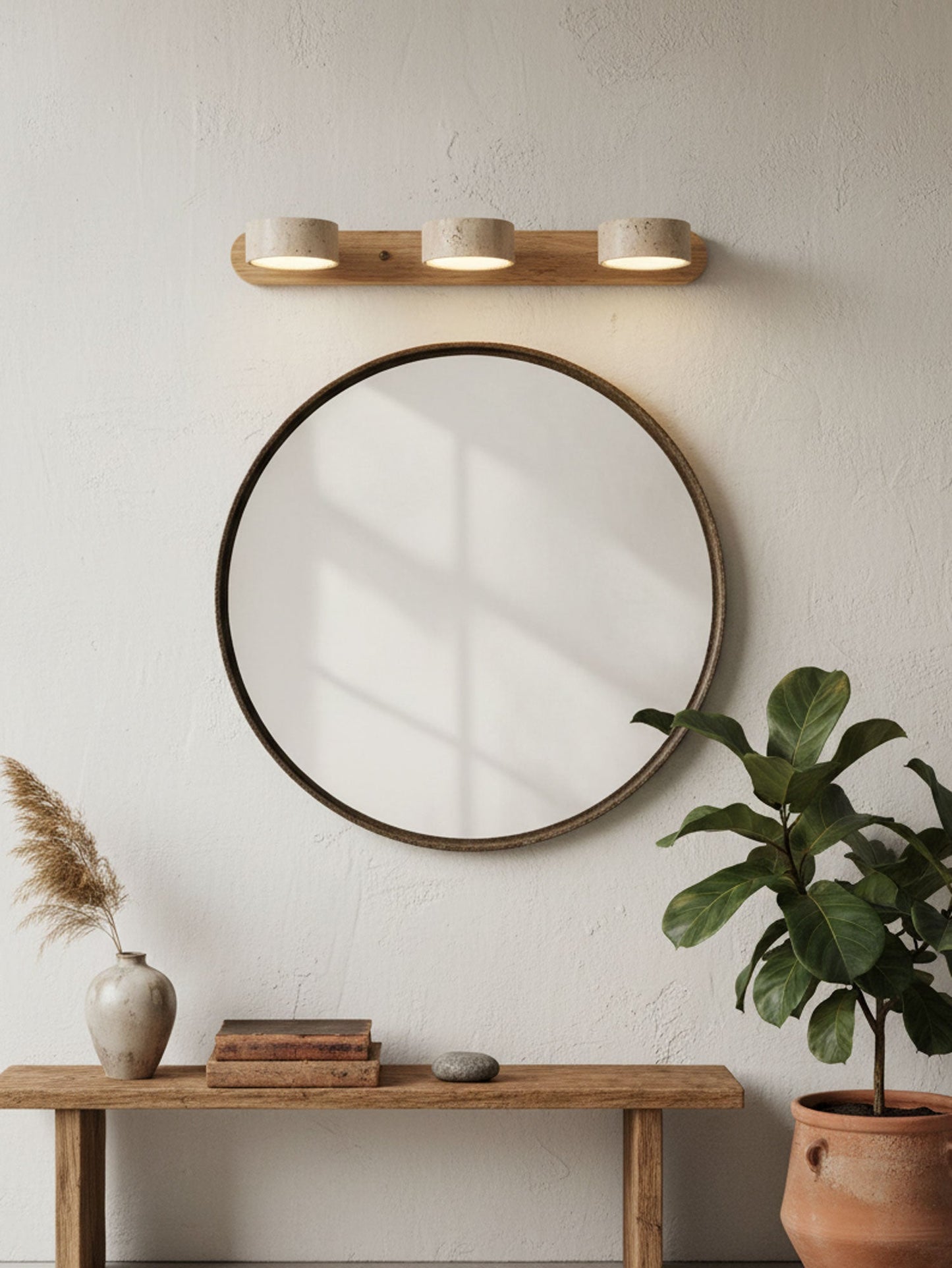 Travertijn Wandlamp Met Houten Basis En Dubbele LED Lichtbron Natuurlijke Steen Design Wandverlichting Voor Slaapkamer Hal En Woonkamer