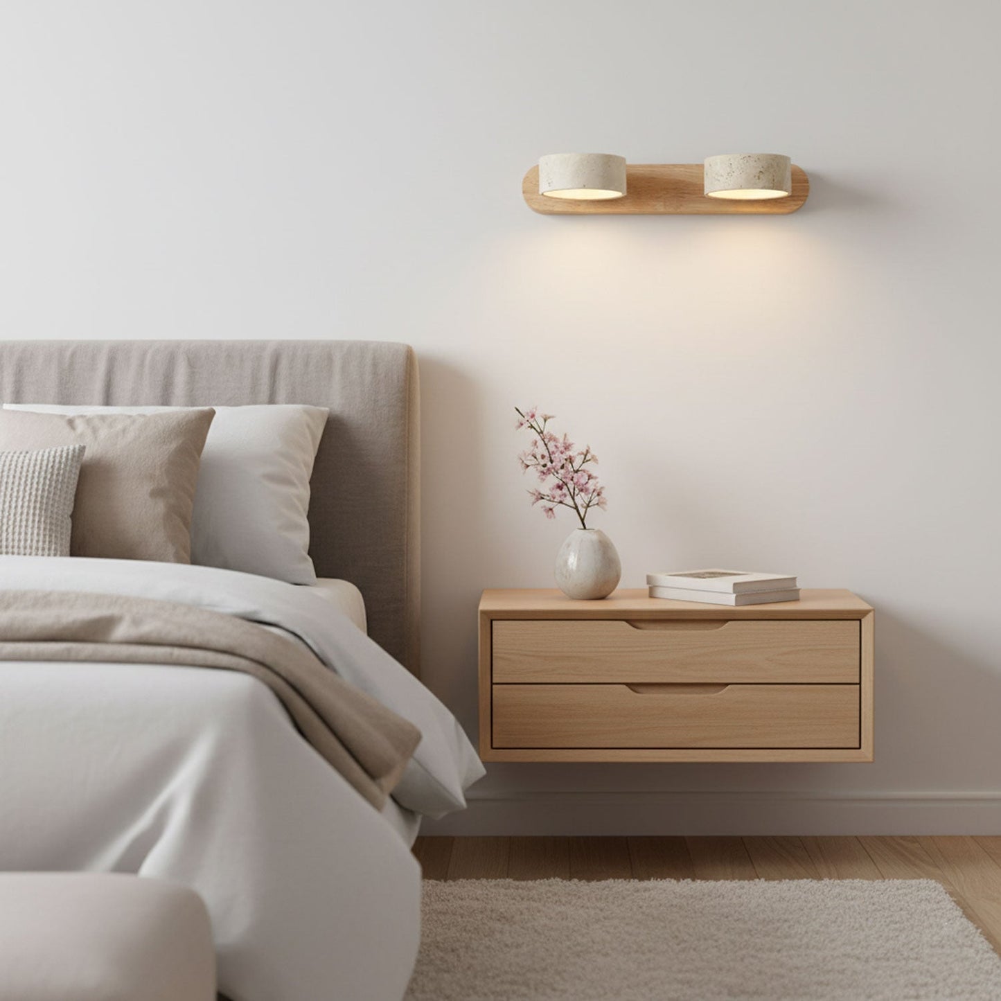 Travertijn Wandlamp Met Houten Basis En Dubbele LED Lichtbron Natuurlijke Steen Design Wandverlichting Voor Slaapkamer Hal En Woonkamer