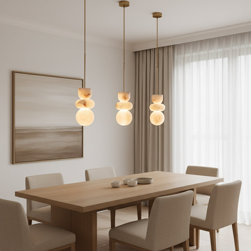 Alabaster Hanglamp met Messing Armatuur en Geïntegreerde LED – Luxe Natuurstenen Design Verlichting