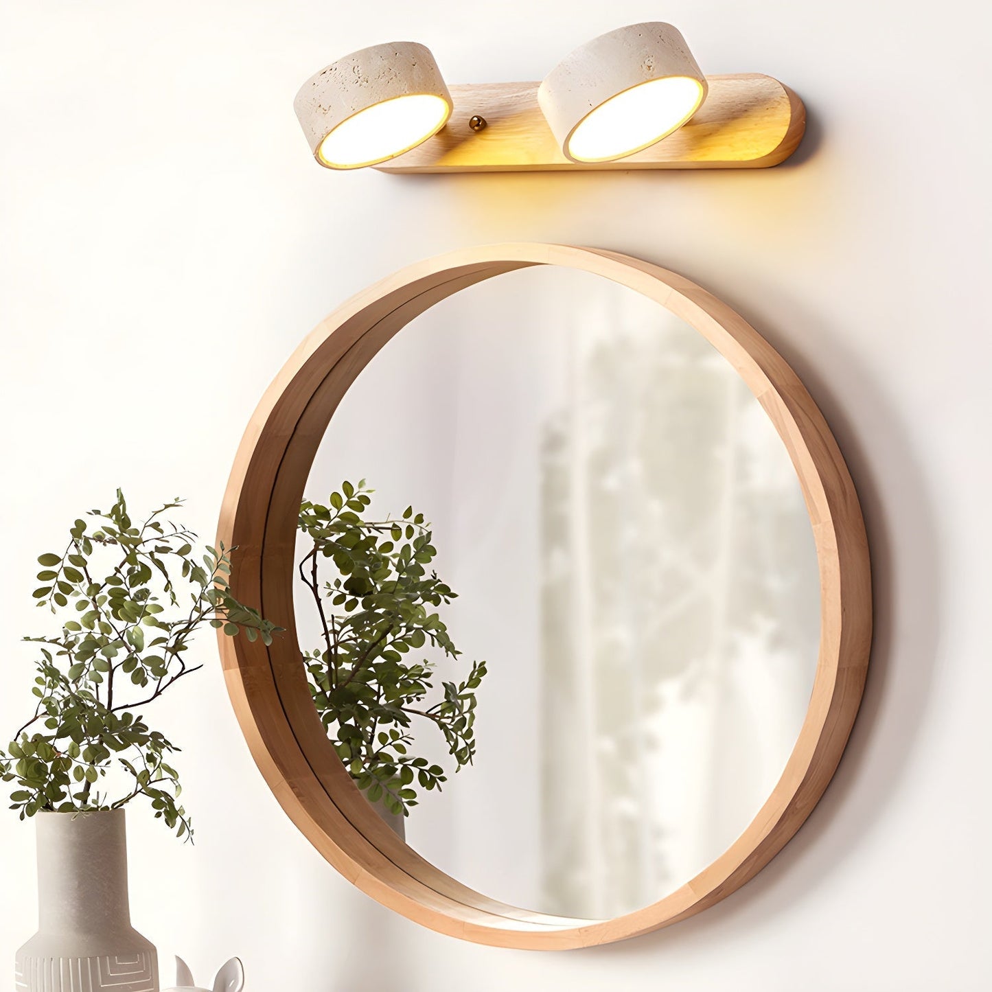 Travertijn Wandlamp Met Houten Basis En Dubbele LED Lichtbron Natuurlijke Steen Design Wandverlichting Voor Slaapkamer Hal En Woonkamer