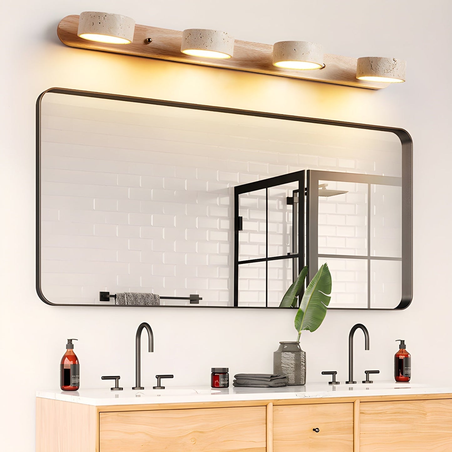 Travertijn Wandlamp Met Houten Basis En Dubbele LED Lichtbron Natuurlijke Steen Design Wandverlichting Voor Slaapkamer Hal En Woonkamer