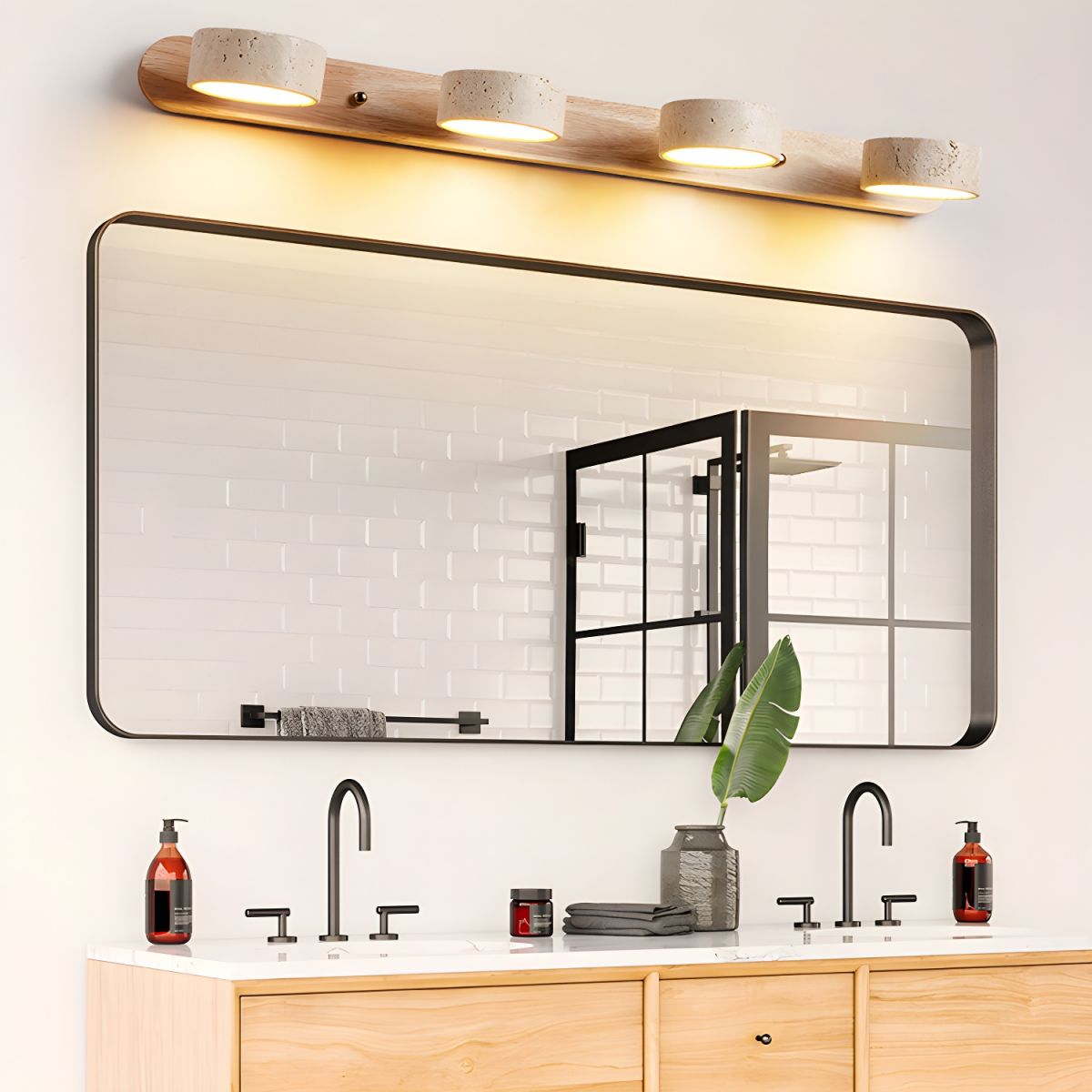 Travertijn Wandlamp Met Houten Basis En Dubbele LED Lichtbron Natuurlijke Steen Design Wandverlichting Voor Slaapkamer Hal En Woonkamer
