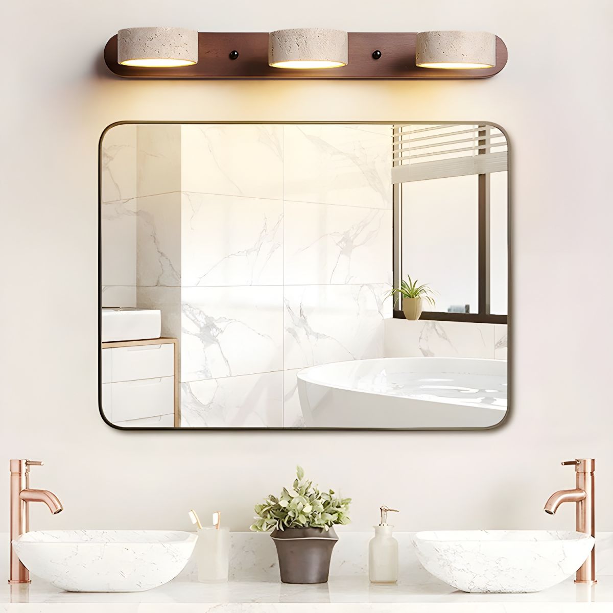 Travertijn Wandlamp Met Houten Basis En Dubbele LED Lichtbron Natuurlijke Steen Design Wandverlichting Voor Slaapkamer Hal En Woonkamer