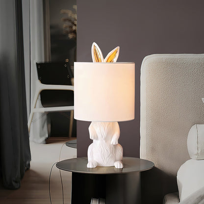 Hazenbeeldje Tafellamp met Stoffen Kap | Modern Design | Kunsthars | Charmante Decoratieve Verlichting