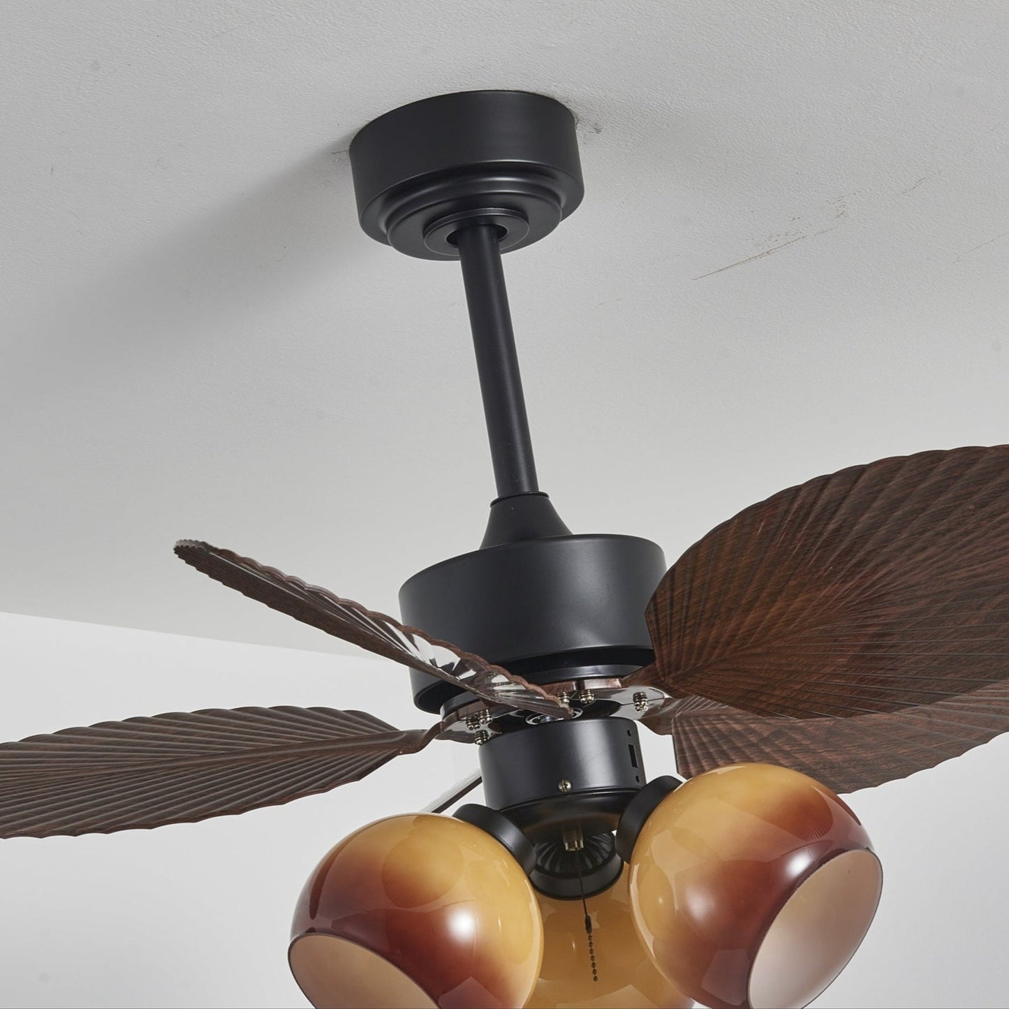 Vintage Plafondventilator met Verlichting – 91cm Diameter – Walnoot Afwerking & Oranje Kap