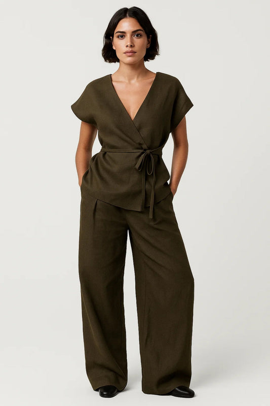 Dames Set - Wikkel Top en Wijde Broek met Strikceintuur Elegante Outfit - StudioMarella