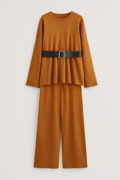 Comfortabele Tweedelige Set: Wijde Broek en Tuniek met Riem