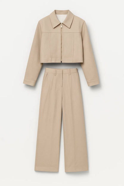 Dames Set - Cropped Jas met Wijde Broek en Hoge Taille Elegant