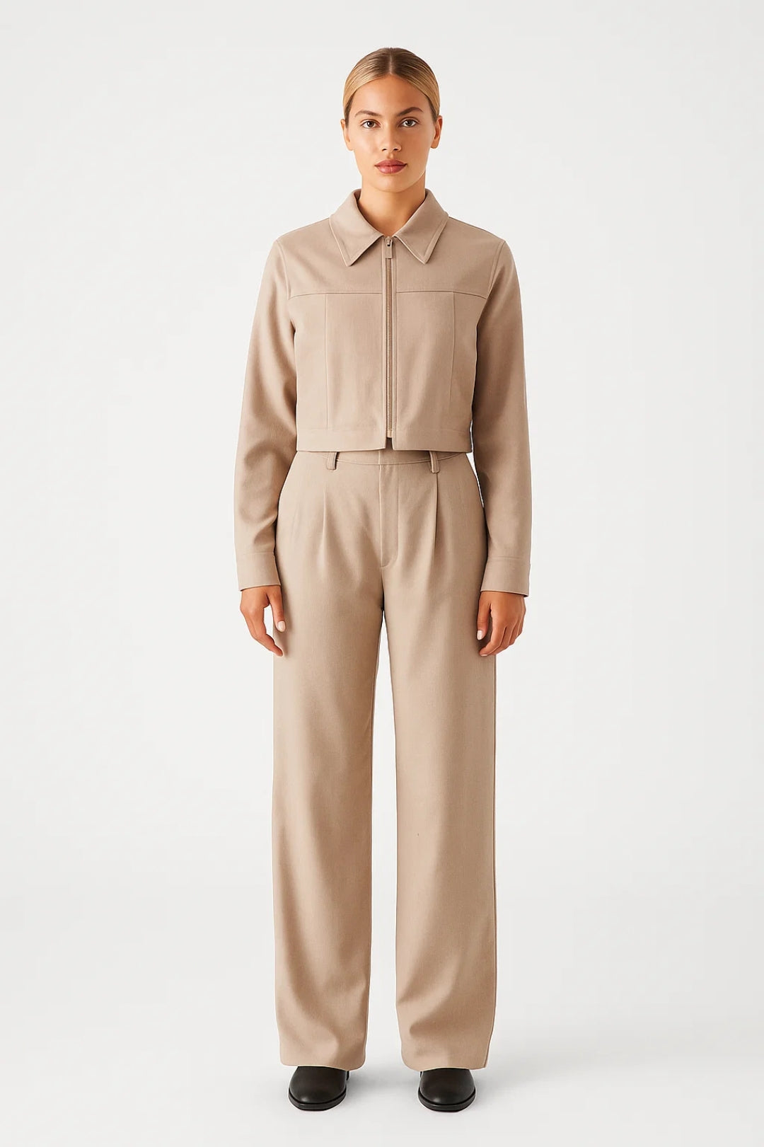 Dames Set - Cropped Jas met Wijde Broek en Hoge Taille Elegant - StudioMarella