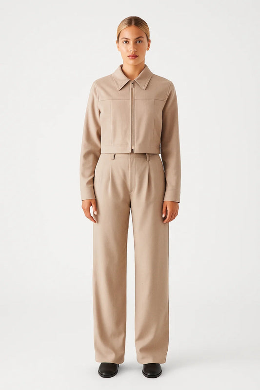 Dames Set - Cropped Jas met Wijde Broek en Hoge Taille Elegant - StudioMarella