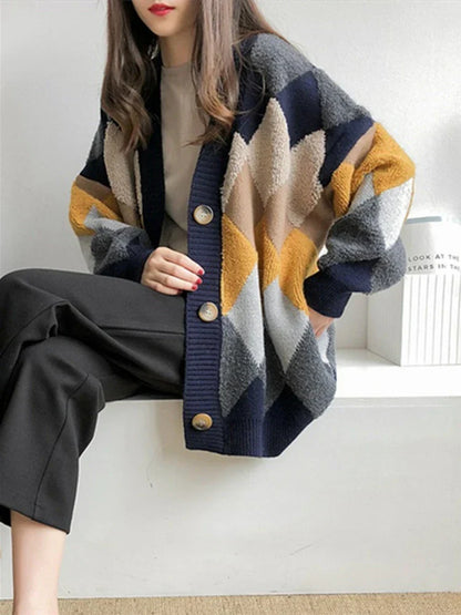 Dames Oversized Breicardigan Geruit Navyblauw met Puffmouwen