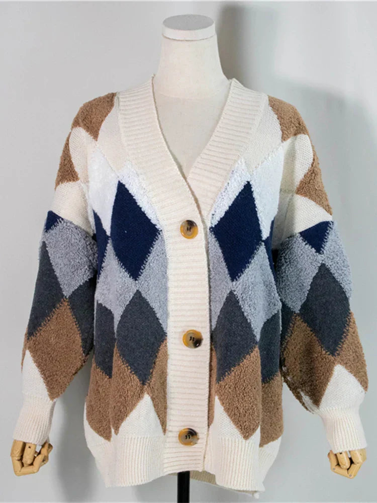 Dames Brei-Cardigan Oversized Geruit Navyblauw