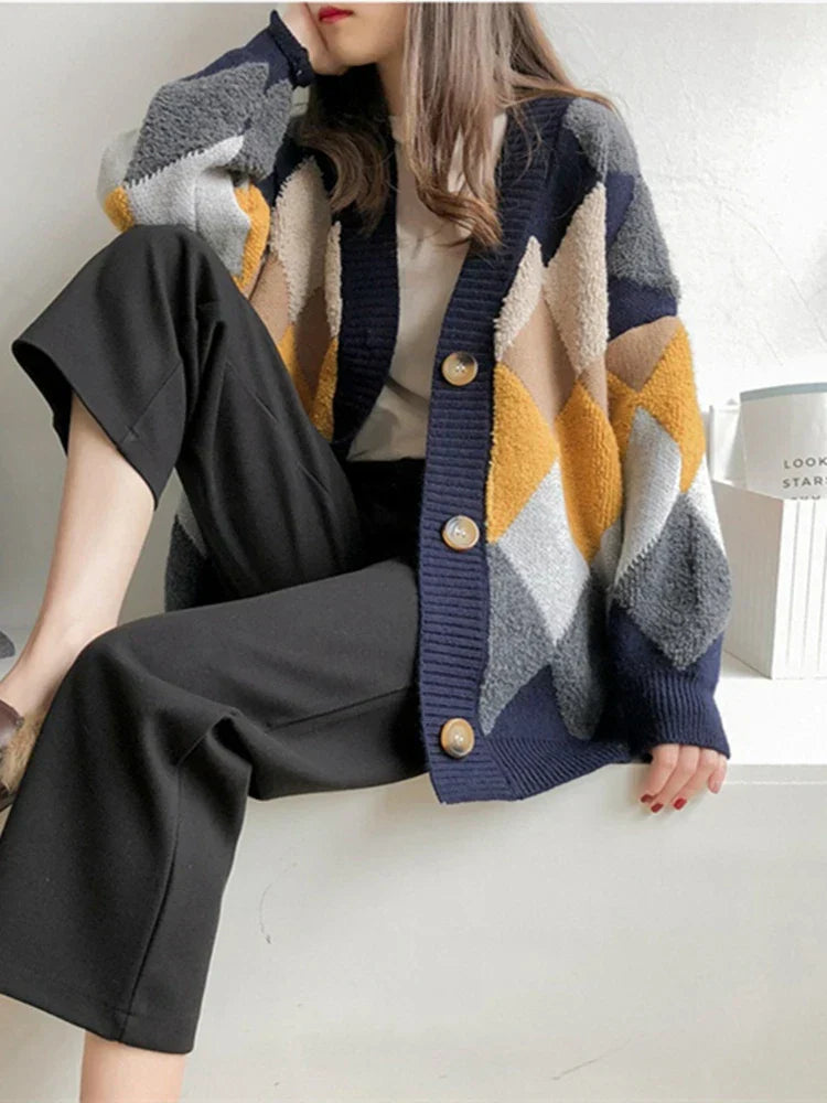 Dames Oversized Breicardigan Geruit Navyblauw met Puffmouwen
