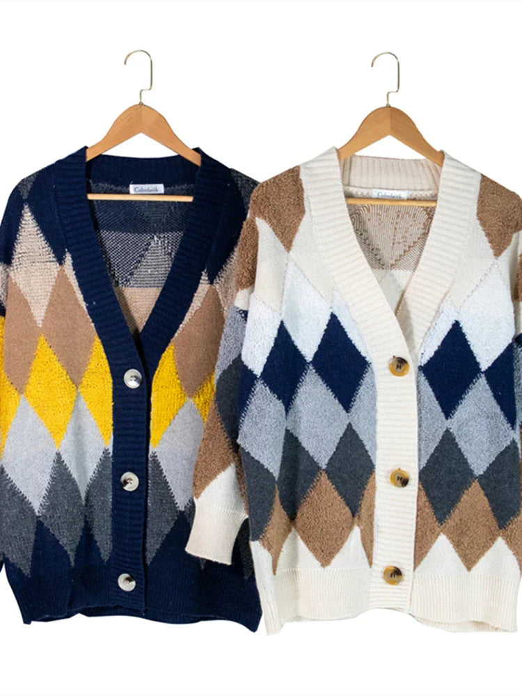 Dames Oversized Breicardigan Geruit Navyblauw met Puffmouwen