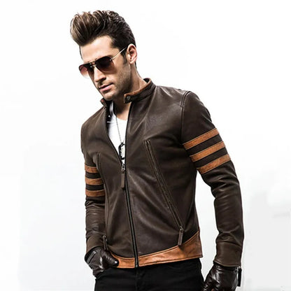 Heren Leren Jacket Retro Vintage Lederjack met Streeppatroon