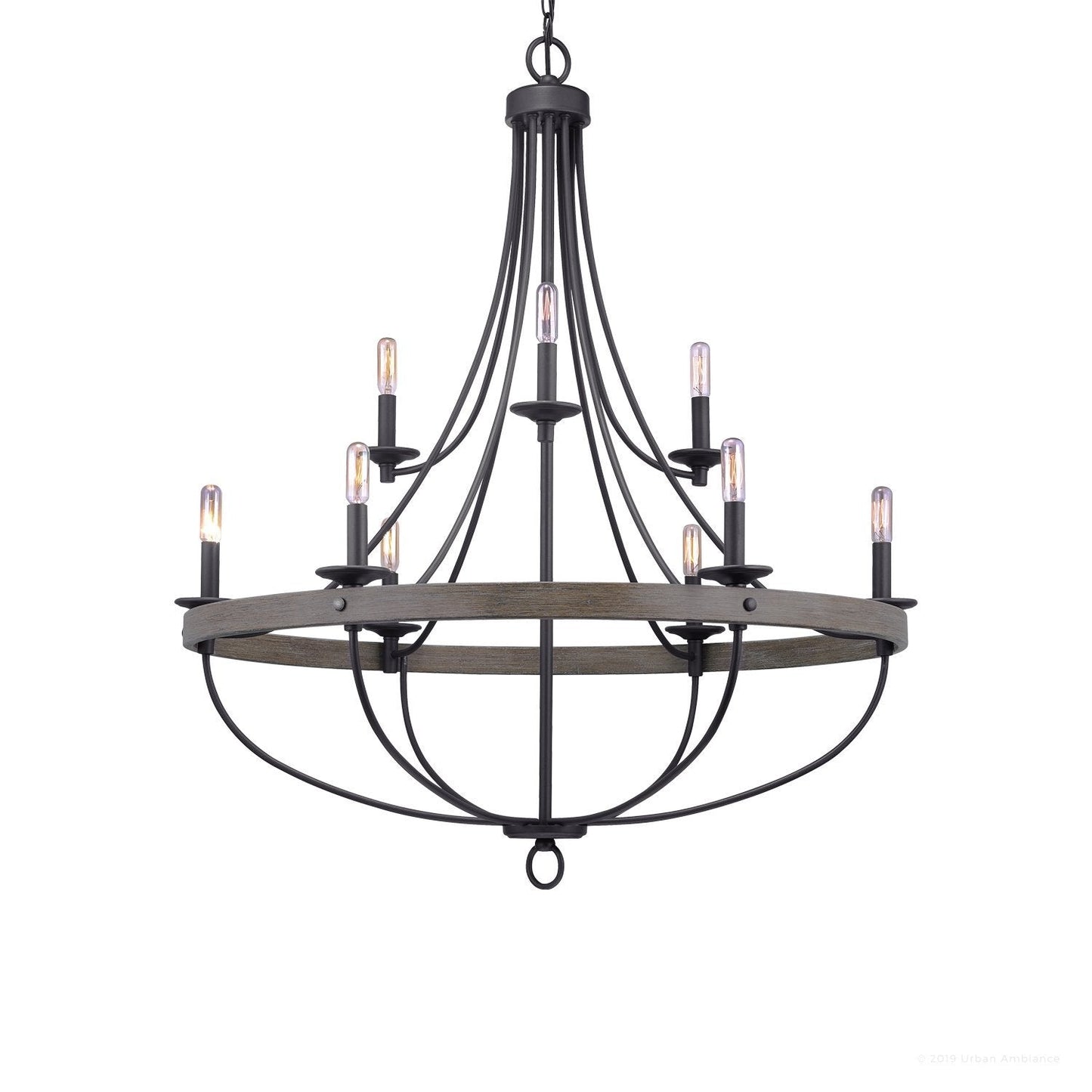 Kroonluchter Industrieel Rond Houtlook Staal Charcoal 90cm 9 Lichts
