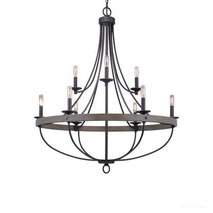 Kroonluchter Industrieel Rond Houtlook Staal Charcoal 90cm 9 Lichts