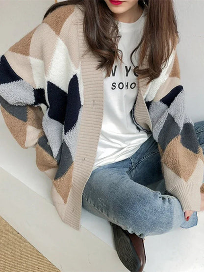 Dames Oversized Breicardigan Geruit Navyblauw met Puffmouwen