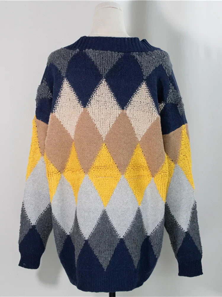 Dames Oversized Breicardigan Geruit Navyblauw met Puffmouwen
