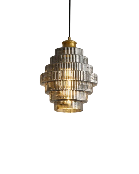 Moderne trapsgewijze glazen hanglamp met gouden detail voor eetkamer en woonkamer – luxe design verlichting